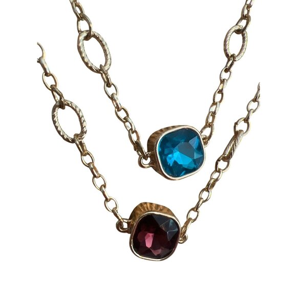 Gold Tone Chain Necklace Glass Stations Reversible Blue Pink Double Layer Adj 44 - Picture 2 of 5